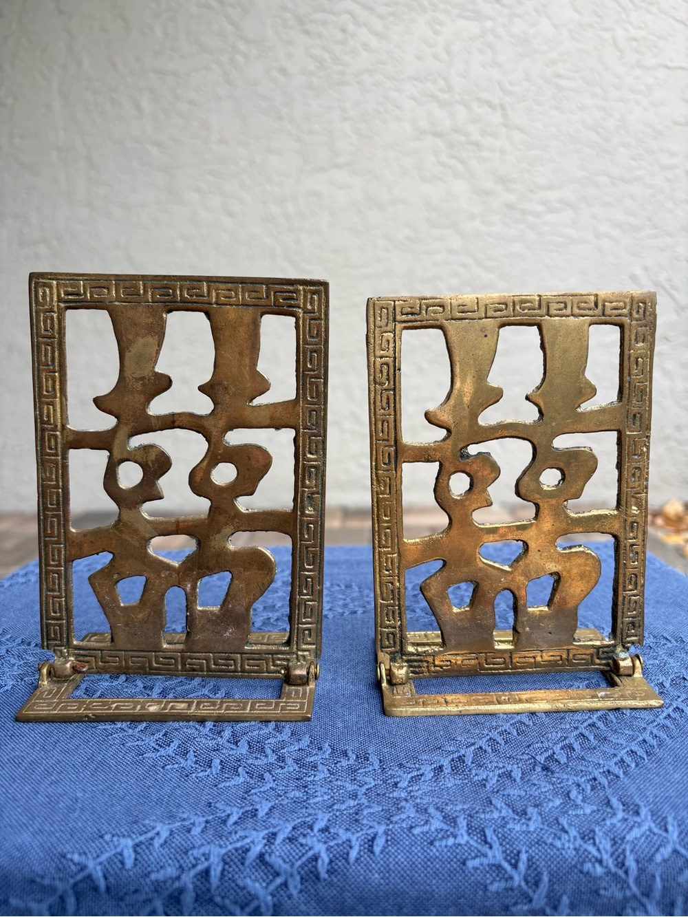Vintage Brass Folding Bookends Greek Key Hollywood Regency Pair